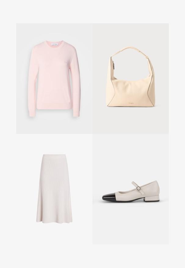 Suéter de punto rosa claro con cuello redondo, mangas largas y puños de canalé. Presenta un pequeño logotipo bordado en el pecho. Textura suave.; Falda A-line de punto, tela blanca suave, textura acanalada, longitud a media pantorrilla, cintura elástica, diseño fluido con sutiles pliegues.; Zapato estilo Mary Jane en cuero crema con puntera de charol negro. Presenta una punta redonda, tirante en el tobillo con una hebilla cuadrada y un tacón bajo y cuadrado.; Bolso de mano de cuero color crema con asa trenzada y cremallera dorada, con un sutil logo "HUGO" en relieve en el centro delantero.
