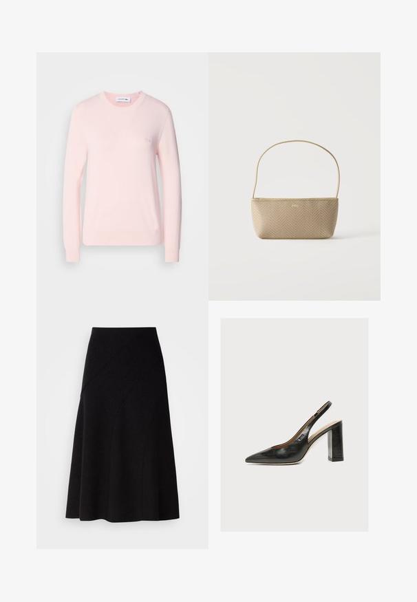 Lys pink strikket sweater med rund hals, lange ærmer og ribbede manchetter. Har et lille broderet logo på brystet. Blød tekstur.; Sort uld A-line nederdel med mellem høj talje, der har diagonale sømdetaljer og en glat tekstur, der falder lige under knæet.; Sort dameslingback pumpe i læder med spids tå og tyk høj blokhæl på hvid baggrund.; Beige flettet håndtaske med tynd skulderrem og lille guld "BOSS" logo foran, vist mod en ensfarvet hvid baggrund.