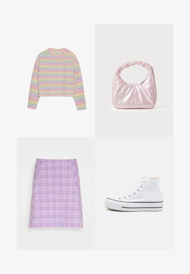 Pull en tricot à rayures pastel avec un col rond, des manches longues et une taille courte. Le tissu présente une finition légèrement texturée.; Pieces PCSILVIA SKIRT - Jupe trapèze - purple/morning glory; Baskets montantes blanches en toile, semelle en caoutchouc noir et bande noire contrastante sur la semelle intermédiaire. Bout rond et design à lacets.; Sac à main rose rembourré avec un design arrondi, fabriqué à partir d'un matériau brillant. Dispose d'une poignée froncée et d'une fermeture éclair pour un accès sécurisé.