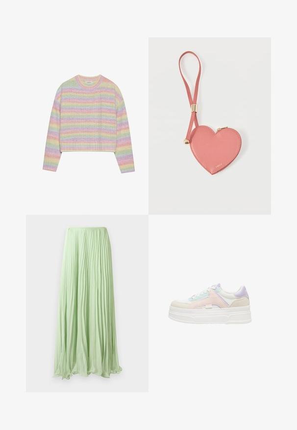 Pull en tricot à rayures pastel avec un col rond, des manches longues et une taille courte. Le tissu présente une finition légèrement texturée.; Jupe longue plissée vert clair avec un tissu fluide et une taille élastique, présentée sur un fond blanc.; Baskets basses avec base blanche, superpositions de tissu rose pastel, violet et bleu clair, lacets blancs.; Pochette à pièces en cuir rose en forme de cœur avec sangle de poignet et fermeture éclair dorée, marquée d’un petit texte doré "Furla".