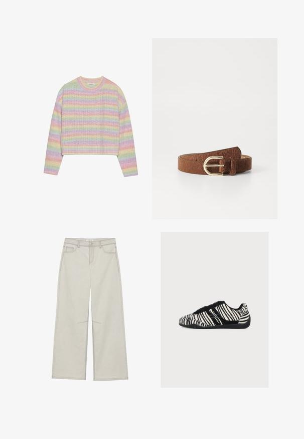 Pull en tricot à rayures pastel avec un col rond, des manches longues et une taille courte. Le tissu présente une finition légèrement texturée.; Pantalons larges gris clair avec cinq poches, fermeture à bouton à l'avant et surpiqûres en contraste le long des coutures. Le tissu semble doux et durable.; Basket basse avec rayures zèbre noires et blanches, lacets noirs et semelle noire texturée, vue de profil sur fond blanc.; Ceinture en fausse fourrure marron avec une texture lisse, dotée d'une boucle en métal doré et d'un design classique, adaptée à diverses tenues.
