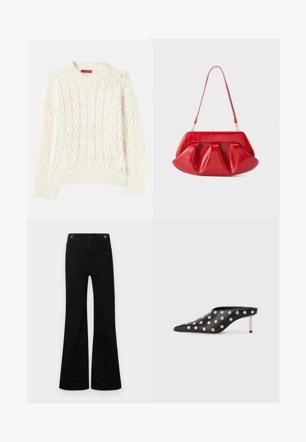 Pull en tricot crème avec un col rond côtelé, présentant un motif en chevron texturé et des lignes multidirectionnelles, des manches longues et un ourlet droit.; Jean noir évasé avec taille haute, cinq poches, détails en métal doré, et une texture denim lisse.; STAND STUDIO KELSEY - Mules à talons - black; Sac d'épaule en cuir rouge avec une structure rigide, un corps plissé et une fine sangle ajustable, sur un fond uni.