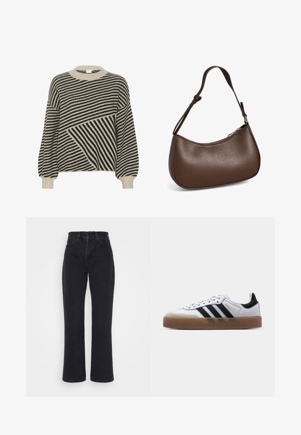 Sort og cremestribet sweater med rund hals og ballonærmer. Har varierede stribevinkler og blød strikstruktur.; Sorte jeans med høj talje og lige ben, med forlommer og bæltestropper på en hvid baggrund.; Hvide lædersneakers med sorte striber, gummirubber sål, rund tå, snørelukning og blød grå ruskinds tåhætte.; Lille brun skuldertaske i læder med justerbar rem og lynlåslukning, vist mod hvid baggrund. Ingen synligt branding eller dekorationer.