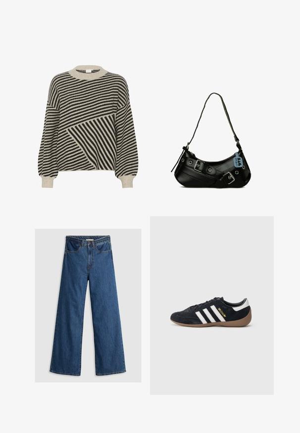 Pull rayé noir et crème avec un col rond et des manches bouffantes. Présente des angles de rayures variés et une texture en maille douce.; Jeans en denim bleu à jambes larges avec une taille haute, présentant un design classique à cinq poches et une ceinture texturée.; Baskets en daim noir avec trois bandes blanches, semelle en caoutchouc beige, et un petit logo doré sur le côté. Dotées d'une doublure intérieure noire lisse.; Sac à main synthétique noir avec une forme courbée, une bandoulière réglable et des boucles décoratives en métal. Présente une texture lisse et brillante.