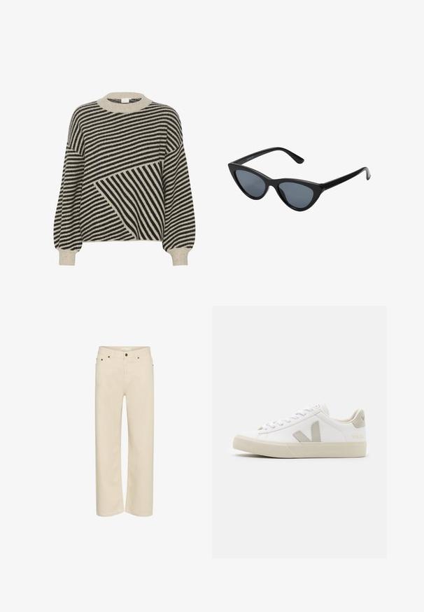 Sort og cremestribet sweater med rund hals og ballonærmer. Har varierede stribevinkler og blød strikstruktur.; Beige bukser med lige ben, frontknap og lynlås, bæltestropper og fem-lomme design.; Hvide sneakers lavet af læder med grå V-logo detaljer, struktureret gummisål, hvide snørebånd samt polstret tunge og krave.; Sorte katteøje solbriller med mørkegrå linser, slankt plastisk stel, spidse hjørner og lige stænger. Ingen synlig hardware eller dekorationer.