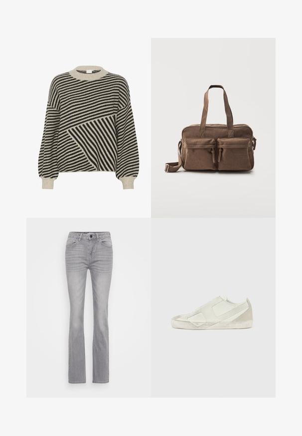 Sort og cremestribet sweater med rund hals og ballonærmer. Har varierede stribevinkler og blød strikstruktur.; Grå denim jeans med et flagrende ben design, som har en klassisk fem-lomme stil og en knaplukning. Struktureret stof med let falming.; Lysegrå sneakers med en blanding af glat læder og tekstureret ruskind. Har et geometrisk design og en gummisål med logodetalje.; Brun kordfløjls skulder- og håndtaske med to forreste lynlåslommer, dobbelte håndtag og en justerbar sidestrope på hvid baggrund.