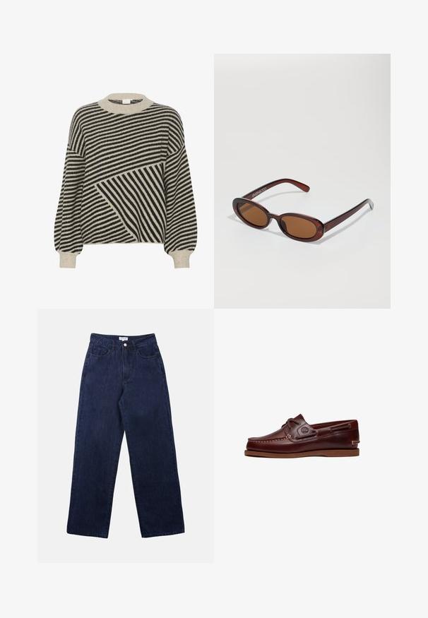 Sort og cremestribet sweater med rund hals og ballonærmer. Har varierede stribevinkler og blød strikstruktur.; Mørkeblå denimbukser med lige ben, der har en frontknaplukning, bæltestropper og to forlommer.; Brun læder bådsko med snørre, syningsdetaljer og Timberland-logo på siden, vist på en hvid baggrund.; Runde, bruntonede solbriller med en glansfuld bordeauxramme. Slanke arme med diskret brandingdetalje. Flad linsedesign.