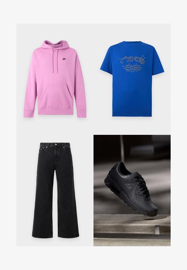 Ανοιχτό ροζ φούτερ Nike με κουκούλα, μπροστινή τσέπη και κορδόνια, με μικρό μαύρο λογότυπο Nike στο αριστερό στήθος.; Μπλε μπλουζάκι με κοντά μανίκια με στιλιζαρισμένο κείμενο «Nike SB» και μικρά γραφικά αστέρια σε πορτοκαλί χρώμα στο μπροστινό μέρος.; Μαύρα τζιν με ψηλή μέση και φαρδιά πόδια, με μπροστινό κουμπί, θηλιές ζώνης και πέντε τσέπες σε λευκό φόντο.; Μαύρα αθλητικά παπούτσια Nike Air Max με επάνω μέρος από υφασμάτινο δέρμα, καουτσούκ σόλα και έντονο σύστημα κορδονιών, που δείχνουν έναν κομψό και μοντέρνο σχεδιασμό.