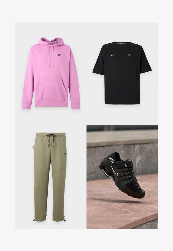 Ανοιχτό ροζ φούτερ Nike με κουκούλα, μπροστινή τσέπη και κορδόνια, με μικρό μαύρο λογότυπο Nike στο αριστερό στήθος.; Μαύρο αθλητικό μπλουζάκι Nike με κοντά μανίκια, λευκό λογότυπο swoosh στο αριστερό στήθος και μικρό τετράγωνο έμβλημα στο δεξί στήθος, απλό φόντο.; Ελιά πρασινωπό παντελόνι φόρμας Nike με μαύρα κορδόνια, φερμουάρ στην πλαϊνή τσέπη, ένθετα στα γόνατα και ρυθμιζόμενους δεσμούς στον αστράγαλο.; Μαύρο παπούτσι Nike Shox για τρέξιμο με λευκό λογότυπο Swoosh, στον αέρα πάνω από ροζιζέ επιφάνεια από μπετόν με φόντο γκρι πέτρινο τοίχο.