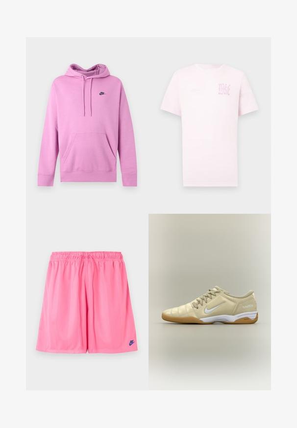 Ανοιχτό ροζ φούτερ Nike με κουκούλα, μπροστινή τσέπη και κορδόνια, με μικρό μαύρο λογότυπο Nike στο αριστερό στήθος.; Ανοιχτό ροζ κοντομάνικο μπλουζάκι με στρογγυλή λαιμόκοψη και ξεθωριασμένο γοτθικό κείμενο "WKE" στο πάνω μέρος του αριστερού στήθους.; Ροζ αθλητικό σορτς με ελαστική μέση και μικρό σκούρο μπλε λογότυπο Nike στο κάτω αριστερό πόδι.; Μπεζ εσωτερικό παπούτσι ποδοσφαίρου με λευκό λογότυπο Nike swoosh, καουτσούκ σόλα, κορδόνια και κείμενο "total90 III" στην φτέρνα, εμφανιζόμενο από τη πλευρά.