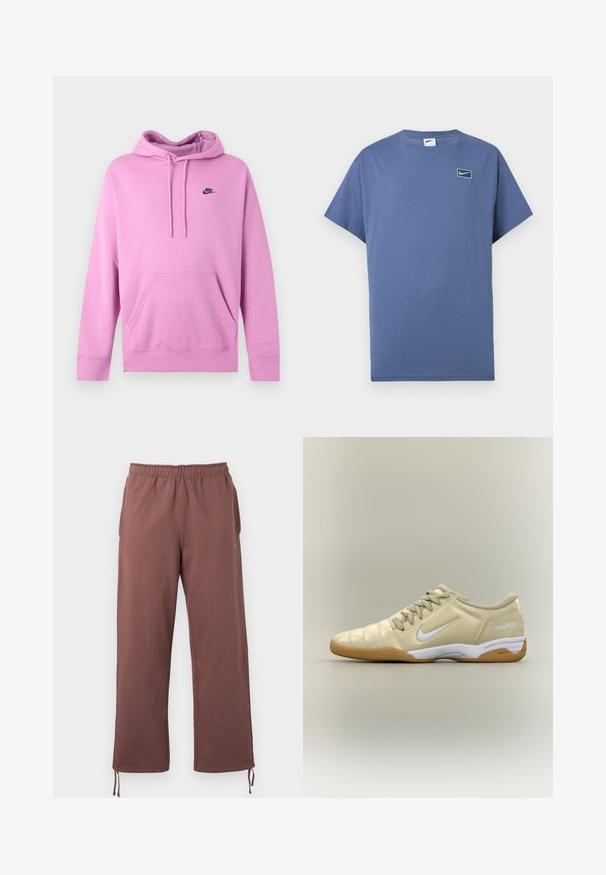 Ανοιχτό ροζ φούτερ Nike με κουκούλα, μπροστινή τσέπη και κορδόνια, με μικρό μαύρο λογότυπο Nike στο αριστερό στήθος.; Μπλε κοντομάνικη μπλούζα με στρογγυλή λαιμόκοψη και μικρό λογότυπο Nike swoosh μέσα σε στρογγυλεμένο τετράγωνο στο αριστερό στήθος.; Καφέ παντελόνι με ελαστική μέση, κατασκευασμένο από απαλό ύφασμα, με πλαϊνές τσέπες και ρυθμιζόμενα κορδόνια στα μανσέτα για εξατομικευμένη εφαρμογή.; Μπεζ εσωτερικό παπούτσι ποδοσφαίρου με λευκό λογότυπο Nike swoosh, καουτσούκ σόλα, κορδόνια και κείμενο "total90 III" στην φτέρνα, εμφανιζόμενο από τη πλευρά.