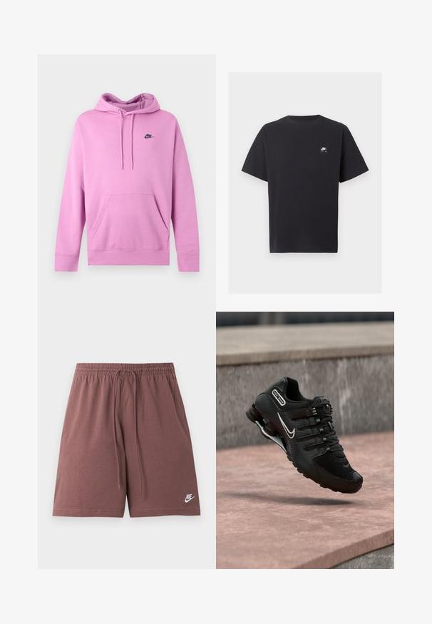 Ανοιχτό ροζ φούτερ Nike με κουκούλα, μπροστινή τσέπη και κορδόνια, με μικρό μαύρο λογότυπο Nike στο αριστερό στήθος.; Μαύρο κοντομάνικο T-shirt Nike Air με στρογγυλή λαιμόκοψη και μικρό λευκό λογότυπο στο αριστερό στήθος.; Καφέ σορτς Nike με ελαστική μέση και κορδόνι, με μικρό λευκό λογότυπο Nike στο κάτω αριστερό πόδι.; Μαύρο παπούτσι Nike Shox για τρέξιμο με λευκό λογότυπο Swoosh, στον αέρα πάνω από ροζιζέ επιφάνεια από μπετόν με φόντο γκρι πέτρινο τοίχο.