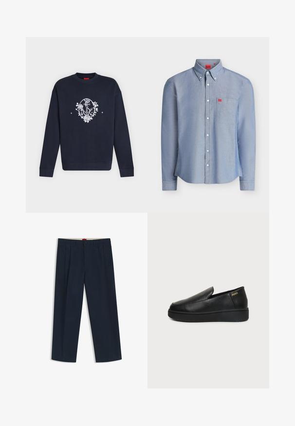 Sweat-shirt bleu marine à manches longues avec un motif d’ancre blanche et une couronne florale centré sur la poitrine.; Chemise bleu clair à manches longues boutonnée avec une poche poitrine, des boutons blancs, un col boutonné et de petites étiquettes rouges avec le logo Hugo sur la poche et à l’intérieur du col.; Pantalon large bleu marine foncé avec passants pour ceinture, fermeture à bouton et zip à l'avant, et poches latérales, présenté sur fond blanc.; Chaussure noire en cuir à enfiler avec semelle épaisse et petits trous de ventilation latéraux, avec un logo doré "HUGO" près du talon.