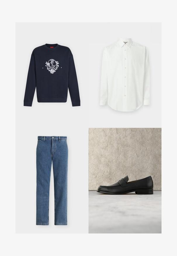 Sweat-shirt bleu marine à manches longues avec un motif d’ancre blanche et une couronne florale centré sur la poitrine.; Chemise blanche à manches longues avec devant boutonné, col classique et poignets, présentée sur un fond clair uni.; Jean droit en denim bleu avec passants pour ceinture, bouton devant et fermeture éclair, présenté sur un fond clair uni.; Mocassin en cuir noir flottant au-dessus d'un tapis beige avec une table ronde brune brillante en arrière-plan.