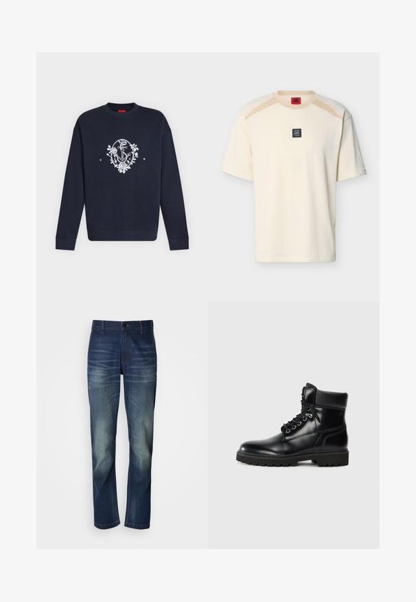 Sweat-shirt bleu marine à manches longues avec un motif d’ancre blanche et une couronne florale centré sur la poitrine.; T-shirt crème à manches courtes avec accents beige sur les épaules et un petit patch logo carré noir portant l'inscription "DR HUGO" centré sur la poitrine.; Jean en denim bleu foncé avec une coupe droite, présentant un délavage à l'avant, une braguette à boutons et un design classique à cinq poches.; Bottine en cuir noir avec une finition brillante, design à lacets, col rembourré et semelle en caoutchouc robuste avec des grips de traction.