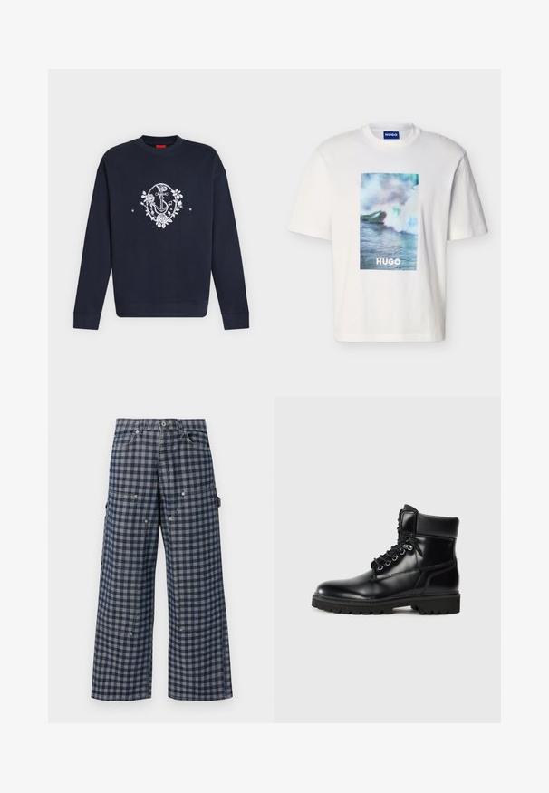 Sweat-shirt bleu marine à manches longues avec un motif d’ancre blanche et une couronne florale centré sur la poitrine.; T-shirt blanc à manches courtes avec un motif de vague océanique en bleu, vert et blanc et le texte "HUGO" centré à l'avant.; Pantalon à jambes larges avec un motif à carreaux bleu marine et gris, poches avant et latérales, et une fermeture à bouton à la taille.; Bottine en cuir noir avec une finition brillante, design à lacets, col rembourré et semelle en caoutchouc robuste avec des grips de traction.