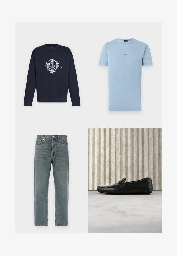 Sweat-shirt bleu marine à manches longues avec un motif d’ancre blanche et une couronne florale centré sur la poitrine.; T-shirt bleu clair à manches courtes avec col rond et petit logo "BOSS" centré sur la poitrine ainsi que sur l'étiquette à l'intérieur du col.; Jean en denim bleu clair avec une coupe droite, design à cinq poches et détails de couture visibles. Tissu texturé avec une finition délavée.; Mocassins en cuir noir avec une finition brillante, bout rond et quincaillerie décorative à l'avant. Semelle en caoutchouc à profil bas. Texture lisse.