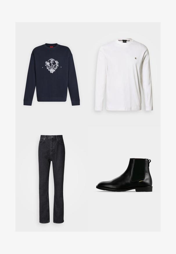 Sweat-shirt bleu marine à manches longues avec un motif d’ancre blanche et une couronne florale centré sur la poitrine.; T-shirt blanc à manches longues en coton lisse, avec un col rond et un petit logo métallique sur la poitrine gauche.; Jean en denim noir taille haute avec fermeture à bouton et à glissière, poches avant et arrière, et coupe droite.; Bottine en cuir noir avec panneau latéral élastique, talon bas, languette à l'arrière et petit logo doré "HUGO" sur le côté extérieur.