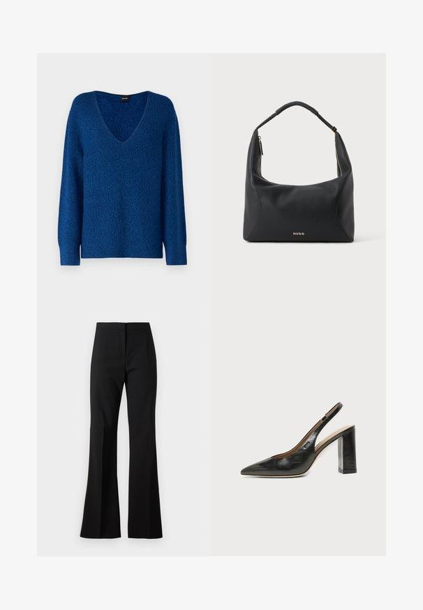 BOSS FUSONIA - Pullover - blue; Pantalon noir évasé en tissu lisse, avec une taille haute, des plis sur le devant et une finition nette aux ourlets.; Chaussure slingback en cuir noir à bout pointu avec un talon bloc haut et une doublure intérieure beige sur un fond clair uni.; Sac à épaule en cuir noir avec anse tressée, détail de fermeture éclair dorée et petit logo "HUGO" doré au centre à l'avant.