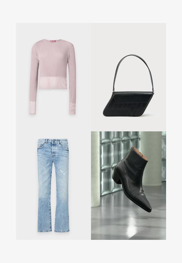 Hladký dlhý rukáv cropped sveter v jemne ružovej farbe s okrúhlym výstrihom a mierne priehľadnými manžetami, s logom značky v kontrastnej červenej farbe.; Svetlomodré zvonové džínsy vyrobené z denimu. Obsahujú vybledlý vzhľad, poškodenú časť, päť vreciek a zapínanie na gombík v páse.; Čierna kožená členková obuv s ostrou špičkou a blokovým podpätkom vznášajúca sa nad odrazovou sivou podlahou pri stene zo sklenených blokov.; Čierna kožená taška cez rameno v trojuholníkovom tvare, s vyrazeným logom a jedným nastaviteľným pásikom. Minimalistický dizajn s hladkou textúrou.