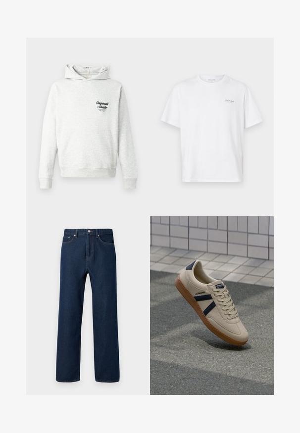Lysegrå hættetrøje med kengurulomme, ribstrikkede manchetter og kant. Har en sort "Originals Studio" grafik på venstre bryst.; Hvid kortærmet t-shirt lavet af bomuld, med rund hals og et lille logo på venstre brystområde. Glat tekstur, afslappet pasform.; Mørkeblå denim jeans med lige pasform, fem lommer og synlige stikninger. Har knaplukning og bæltestropper.; Beige sneaker med struktureret overflade, marineblå striber og gummisål. Har en polstret tunge og traditionelt snørresystem for en sikker pasform.