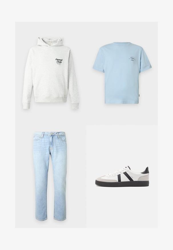 Lysegrå hættetrøje med kengurulomme, ribstrikkede manchetter og kant. Har en sort "Originals Studio" grafik på venstre bryst.; Lyseblå t-shirt med korte ærmer lavet af blød bomuld. Har rund halsudskæring og lille sort tekstlogo på øverste venstre side.; Lyseblå denimjeans med afslappet pasform, fem lommer, knaplukning og subtil falming over hele stoffet.; Hvide sneakers med sorte og grå detaljer, med en tekstureret grå tåhætte, sort gummisål og flade hvide snørebånd. Rent design, minimalistisk stil.