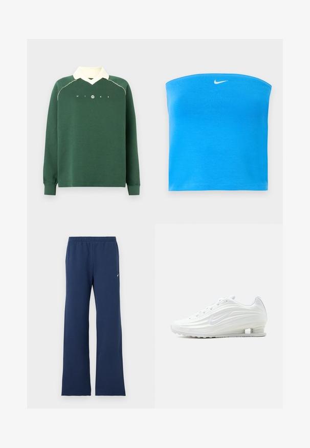 Grøn langærmet sweater med cremefarvet krave, ribbede manchetter og "NIKE" tekst med logo på tværs af brystet.; Lyseblå Nike tube top uden stropper med hvid Swoosh-logo centreret nær den øverste kant.; Mørkeblå træningsbukser med elastik i taljen og lille hvid Nike-logo på øvre venstre ben, lige ben pasform.; Hvid Nike løbesko med teksturerede bølgemønstre og en synlig luftpude i sålen, set fra siden på en neutral baggrund.