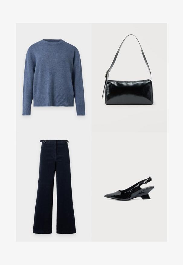 Pull en tricot bleu avec un col et un ourlet côtelés. Doté de manches longues et d'une coupe décontractée, fabriqué en tissu doux.; Pantalon large en velours côtelé bleu marine foncé avec des sangles réglables sur les côtés à la taille, sur un fond uni.; Chaussure slingback en cuir verni noir avec bout pointu et petit talon bloc incliné sur fond clair uni.; Sac d'épaule rectangulaire noir avec une sangle réglable unique et une fermeture éclair supérieure sur un fond uni.