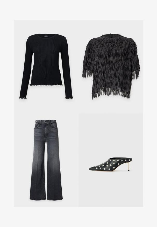 Pull noir côtelé à manches longues avec col ras du cou et ourlet en bordure ondulée sur les manches et le bas.; Haut court noir avec un design à franges en tissu texturé. Encolure ronde avec fermeture éclair au dos. Manches courtes.; Jean noir taille haute à jambes larges avec poches avant et fermeture à bouton, présentant de subtils détails de décoloration et de stries.; STAND STUDIO KELSEY - Mules à talons - black
