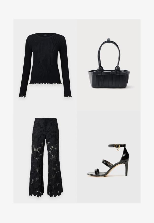 Pull noir côtelé à manches longues avec col ras du cou et ourlet en bordure ondulée sur les manches et le bas.; Pantalon large en dentelle noire avec broderies florales et détails en résille, doté d'une taille haute et d'ourlets festonnés.; Sandale en cuir verni noir avec trois brides, boucle de cheville et talon aiguille de 10 cm. Présente un détail en métal doré et un charm logo.; Sac à main en cuir noir avec deux poignées, sangles décoratives et une base rectangulaire sur un fond uni clair.