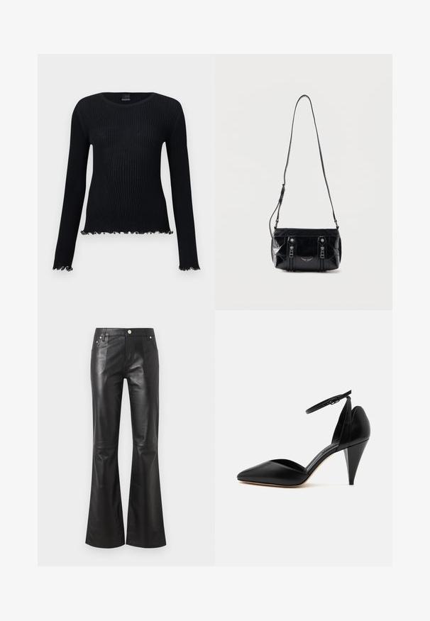 Pull noir côtelé à manches longues avec col ras du cou et ourlet en bordure ondulée sur les manches et le bas.; Pantalon taille haute en simili cuir noir avec jambes évasées, fermeture devant par bouton et fermeture éclair, poches devant et derrière.; Escarpin en cuir noir à bout pointu avec bride à la cheville et talon conique sur fond blanc.; Sac à bandoulière en cuir noir avec sangle réglable, deux fermetures éclair verticales sur le devant et un petit emblème métallique en forme d'aile sous les fermetures éclair.