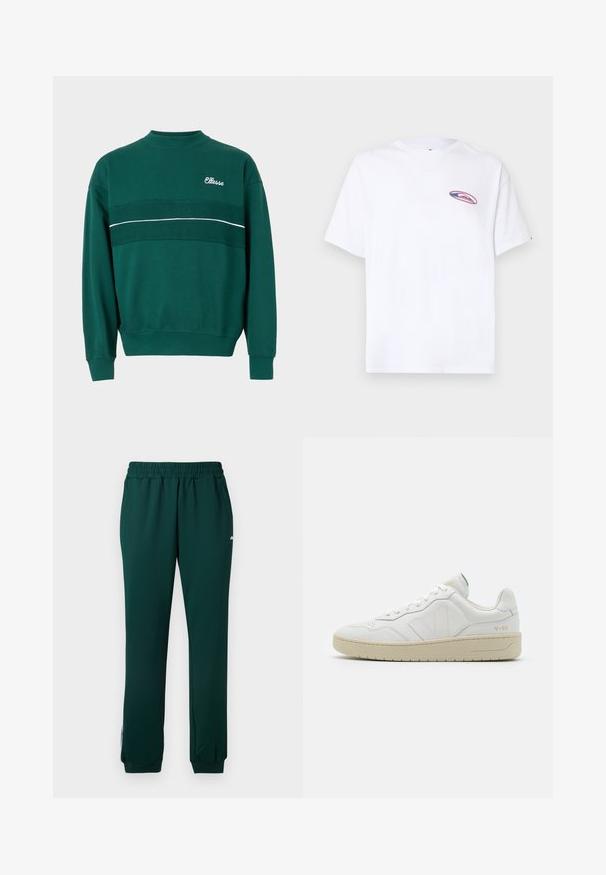 Πράσινη μπλούζα crewneck με ribbed μανίκια και στρίφωμα, με υφασμάτινη οριζόντια λωρίδα και λογότυπο "Ellesse" στο άνω αριστερό μέρος του στήθους.; Λευκό κοντομάνικο μπλουζάκι με ένα μικρό οβάλ ροζ και μπλε λογότυπο στο αριστερό στήθος, τοποθετημένο σε απλό ανοιχτό φόντο.; Σκούρο πράσινο παντελόνι φόρμας με ελαστική μέση, πλαϊνές τσέπες και μανσέτες στον αστράγαλο. Φτιαγμένο από λεία, ελαστική ύλη.; Λευκά δερμάτινα sneakers με υφή και επενδεδυμένο κολάρο. Διαθέτουν μπεζ καουτσούκ σόλα και διακριτική σήμανση στη φτέρνα και στο πλάι.