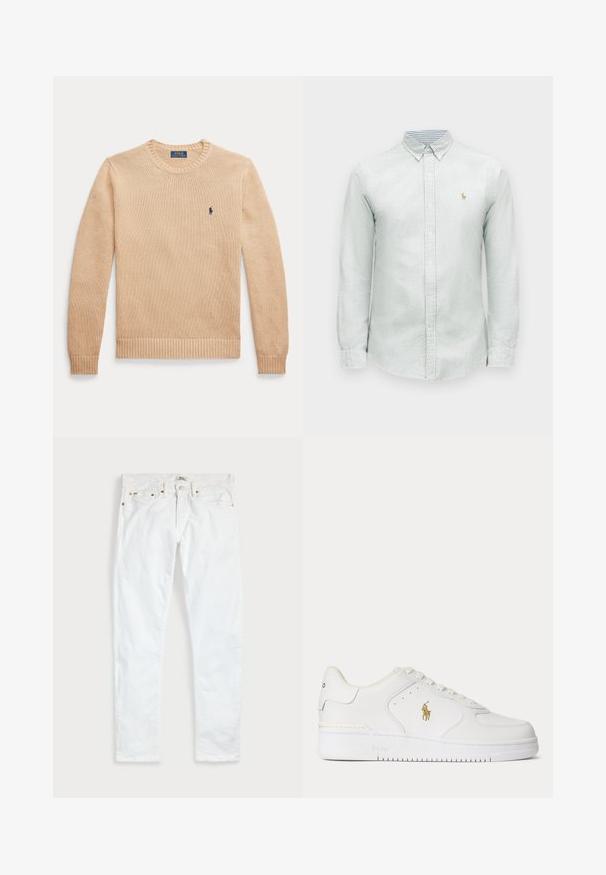 Béžový dlhý rukáv s okrúhlym výstrihom, s rebrovanými manžetami a lemom, s malým námorníckym modrým logom Polo Ralph Lauren na ľavej strane hrudníka.; Svetlozelená pruhovaná košeľa s dlhým rukávom, golierom na gombíky a malým vyšívaným logom na hrudi. Jemný bavlnený materiál s textúrovaným povrchom.; Biele slim fit džínsy s piatimi vreckami, zapínaním na gombíky a opaskovými pútkami, položené na rovnej svetlej jednofarebnej podložke.; Biele kožené nízke tenisky s bielymi šnúrkami a zlatým logom Polo Ralph Lauren na boku a "Polo" vyrazeným na podrážke.