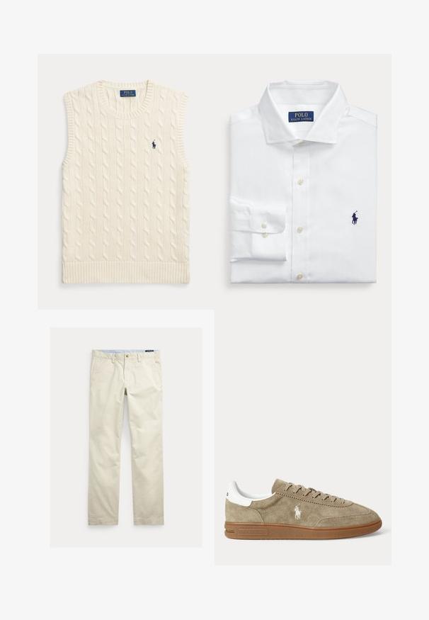 Ärmellose Strickweste in cremefarbenem Zopfmuster mit gerippten Rändern und kleinem dunkelblauem Polo Ralph Lauren Logo auf der linken Brust.; Weißes Langarm-Hemd, gefaltet mit geknöpften Manschetten, klassischem Kragen und Polo Ralph Lauren Logo blau auf der Brust bestickt.; Beige Baumwollhosen mit geradem Bein, Gürtelschlaufen, vorderem Knopf, Reißverschluss und Seitentaschen.; Beiger Wildleder-Sneaker in niedrigem Schnitt mit brauner Sohle, weißem Fersendetail, Schnürsenkeln und weißem, seitlich gesticktem Polo-Spieler-Logo.