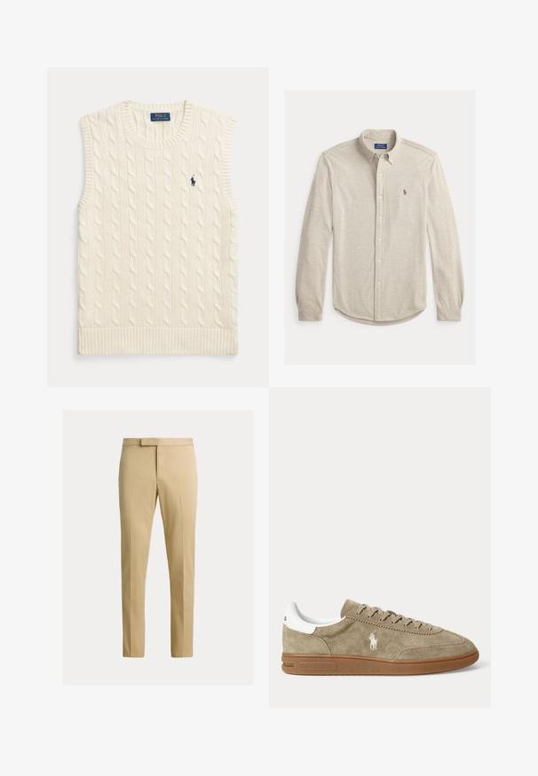 Kremfarvet kabelstrikket ærmeløs sweatervest med ribkanter og lille mørkeblå Polo Ralph Lauren-logo på venstre bryst.; Lysegrå langærmet skjorte med knapper, lavet af blødt stof. Har en klassisk krave, buet kant og en lille logo på brystet.; Beige tætsiddende bukser med frontbøjle, bæltestropper og skjult frontlukning på en ensfarvet lys baggrund.; Beige lavskoet ruskindesneaker med brun sål, hvid hældetalje, snørebånd og en hvid broderet polospillerlogo på siden.