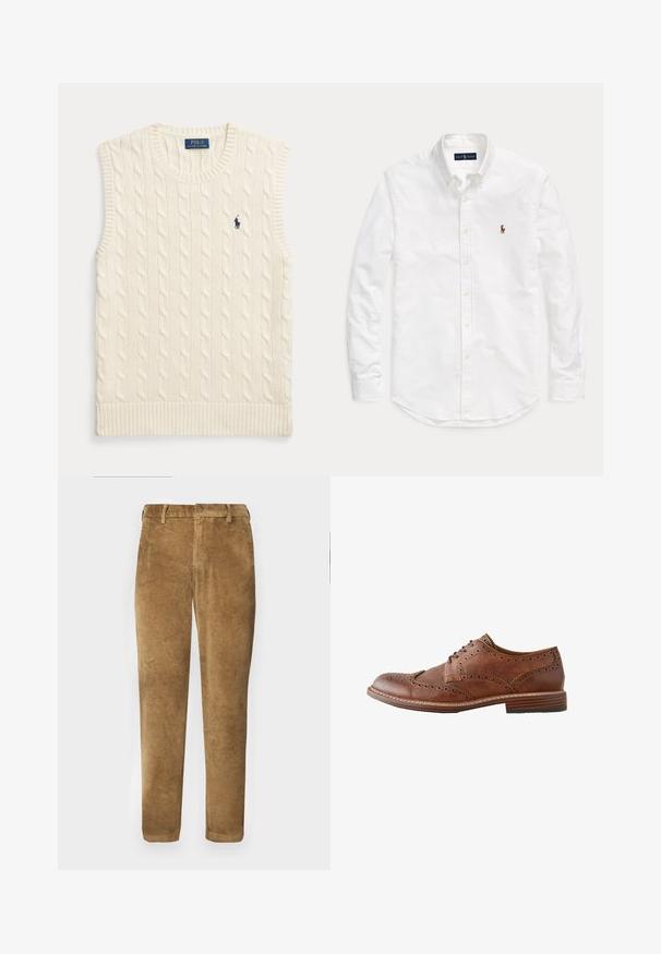 Gilet sans manches en maille torsadée couleur crème, avec bords côtelés et petit logo Polo Ralph Lauren bleu foncé sur la poitrine gauche.; Chemise blanche à manches longues avec boutonnière, col et petit logo brodé sur le côté gauche de la poitrine, posée à plat sur un fond uni.; Pantalon en velours côtelé marron avec texture à côtes verticales, coupe droite, fermeture à bouton et passants de ceinture. Tissu lisse avec une finition douce.; Chaussure Oxford homme en cuir marron style wingtip avec détails brogue et talon en bois superposé, vue de profil sur fond blanc.