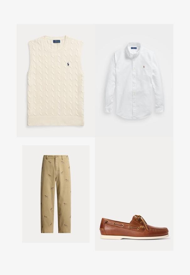 Kremfarvet kabelstrikket ærmeløs sweatervest med ribkanter og lille mørkeblå Polo Ralph Lauren-logo på venstre bryst.; Hvid bomulds skjorte med knaplukning, klassisk krave, lange ærmer og et lille broderet logo på venstre bryst.; Beige fløjlsbukser med broderede hundemotiver, lige ben, fem lommer og knaplukning foran.; Brun læder bådsko med hvid sål, snørebånd bundet foroven og metal-øjer langs siderne og i forreste syning.