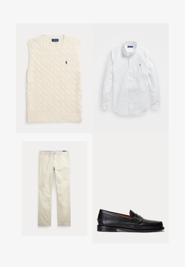 Kreemjat värvi soonikkoes kaelikuta kampsun, mille servad on ribitud ja vasakul rinnal väike tumesinine Polo Ralph Laureni logo.; Valge puuvillane nööbiga särk klassikalise kraega, pikkade varrukatega ja väike brodeeritud logo vasakul rinnal.; Beežid sirge säärega puuvillased püksid vööaasade, eesnupu, luku ja küljetaskutega.; Mustast nahast loafer madala kontsa ja penny rihma detailiga, näidatud küljelt helehallil taustal.