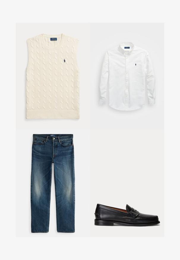 Gilet sans manches en maille torsadée couleur crème, avec bords côtelés et petit logo Polo Ralph Lauren bleu foncé sur la poitrine gauche.; Chemise blanche à manches longues en coton. Dotée d'un col pointu, de longues manches et d'un petit logo navy sur la poitrine. Texture lisse.; Jean en denim bleu indigo avec une coupe droite, un style cinq poches, et un léger effet délavé sur les cuisses. Fermeture par bouton en métal et fermeture éclair.; Mocassin en cuir noir avec un petit talon et une bride penny, vu de côté sur un fond gris clair.