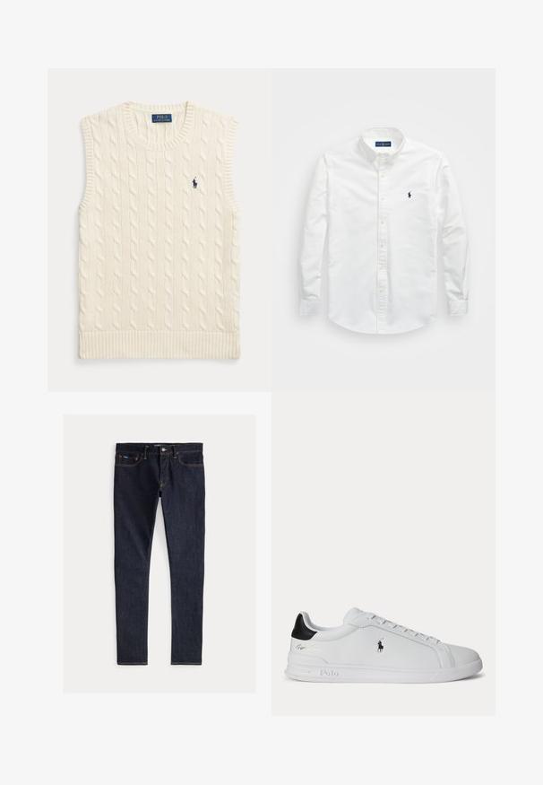 Kreemjat värvi soonikkoes kaelikuta kampsun, mille servad on ribitud ja vasakul rinnal väike tumesinine Polo Ralph Laureni logo.; Valge puuvillane särk, millel on nokk-krae, pikad varrukad ja väike tumesinine logo rinnal. Sile pind.; Tumedatest sinises denimi kitsad püksid, millel on viis taskut, kollane õmblus ja nööbiga sulgur vööl. Sile tekstuur.; Valge madala säärega toss musta kandumärgiga, paelte ja Polo Ralph Laureni logoga küljel, reljeefsete talladetailidega.