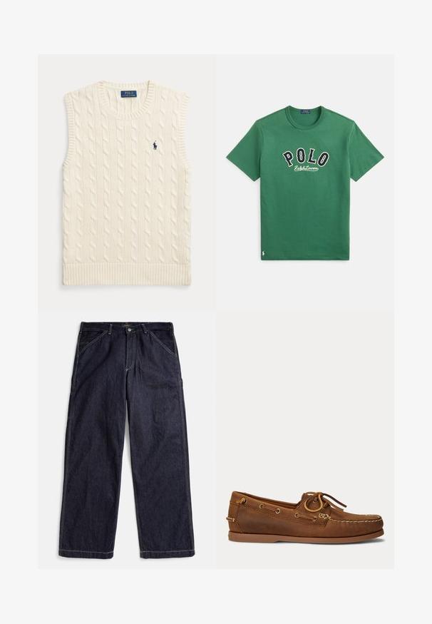 Ärmellose Strickweste in cremefarbenem Zopfmuster mit gerippten Rändern und kleinem dunkelblauem Polo Ralph Lauren Logo auf der linken Brust.; Grünes T-Shirt mit kurzen Ärmeln und Rundhalsausschnitt, mit dem Text "POLO Ralph Lauren" auf der Brust und kleinem gesticktem Logo am unteren Saum.; Dunkelblaue, gerade geschnittene Jeans aus Denim mit Kontrastnähten, Gürtelschlaufen und Vordertaschen, flach auf einem weißen Hintergrund liegend.; Brauner Leder-Bootsschuh mit Mokassin-Naht, Schnürdetail durch Metallösen und flacher Gummisohle, seitliche Ansicht.