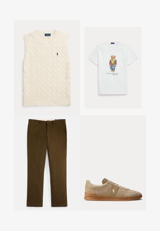 Kremfarvet kabelstrikket ærmeløs sweatervest med ribkanter og lille mørkeblå Polo Ralph Lauren-logo på venstre bryst.; Hvid bomuld T-shirt med grafik af en klædt tegneserie-bjørn. Bemærkelsesværdige detaljer inkluderer en brun jakke, gul hættetrøje og blå jeans.; Brune bomulds-chinos med en glat finish, fladt frontstykke, sidelommer og lige ben. Har en diskret syningsdetalje langs kanterne.; Beige ruskind og læder lav-top sneaker med gummisål, hvide snørebånd og Polo-logo på siden og sålen.
