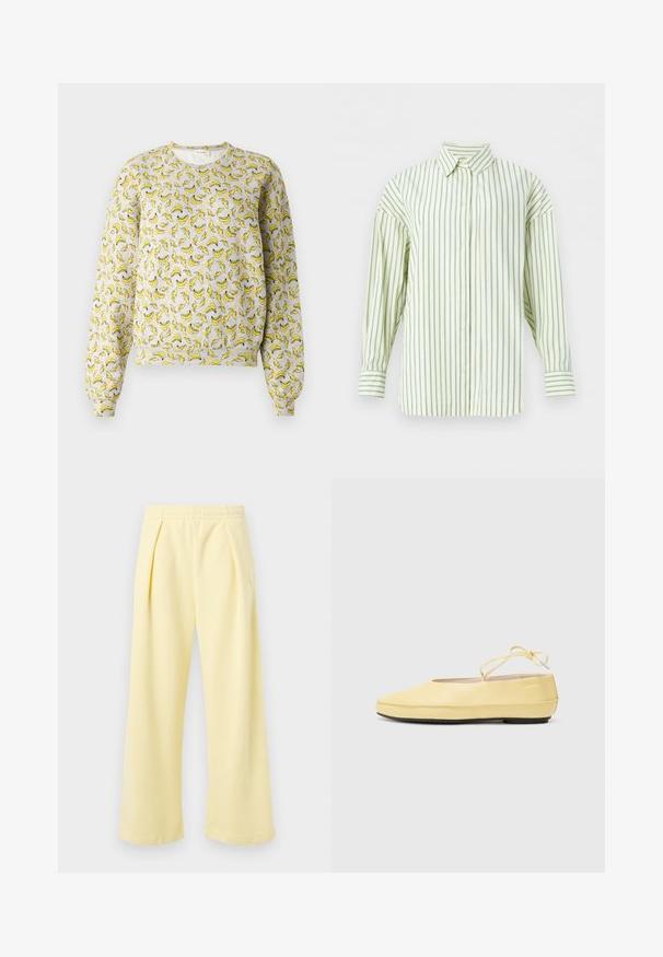 Grå sweatshirt med et bananmønster i gul og sort. Har ribbede mansjetter og hæm, rund halsudskæring, blød tekstur.; Langærmet cremefarvet skjorte med tynde lodrette blå striber, knappelukning foran og spids krave, vist på hvid baggrund.; Gule bukser med vide ben og ribbet struktur samt elastisk talje. Har frontplisseringer og et lille broderet motiv på siden.; Gule læderballetsko med rund tå, tynd ankelstrop og sort gummisål. Glat tekstur med minimale design detaljer.