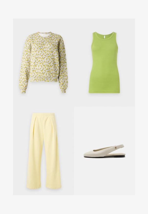 Hall põhjahedrahi mustriga hall dressipluus, kus banaanid on kollased ja mustad. Omab soonikkäiseid ja -ääri, ümarat kaelust, pehmet tekstuuri.; Roheline tank top ribbed puuvillast, millel on ümmargune kaelus ja ilma varrukateta disain. Sile tekstuur ja sobiv kuju.; Kollased laia säärega püksid soonilise tekstuuriga ja elastse vöökohaga. Ees voldid ja väike tikitud detail külje peal.; Kreemikas nahast slingback-tasapinnaline king, millel on ümar ninaosa ja väike kuldne embleem rihmal.