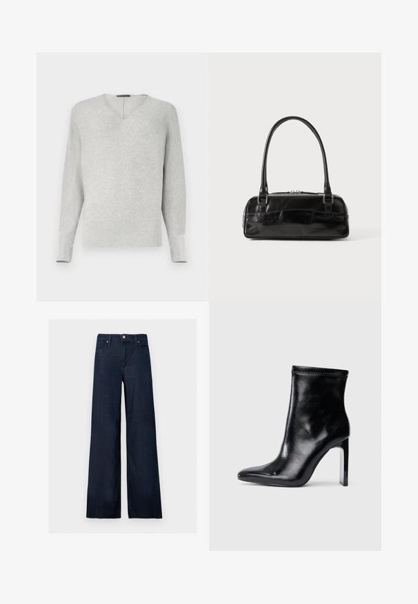 Pull en maille gris clair à manches longues avec une encolure subtile en forme de V et des poignets et ourlet côtelés.; Jean denim bleu foncé à jambes larges avec bouton à l'avant, passants pour ceinture et style cinq poches sur fond uni.; Bottine en cuir noir avec un bout pointu et un talon transparent haut. Texture lisse et finition minimaliste sur le dessus.; Sac à main en cuir noir de forme rectangulaire, doté d'une seule ansse structurée, de quincaillerie argentée et d'une fermeture éclair. Texture lisse.