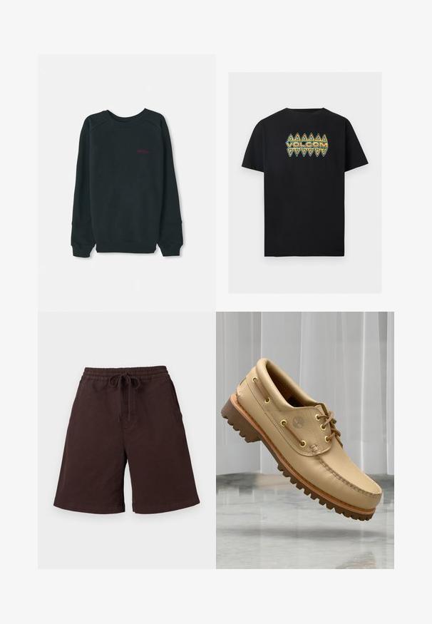 Zwarte sweatshirt gemaakt van een katoenmix, met een geribbelde ronde hals, lange mouwen en een klein roze Timberland-logo op de borst.; Zwarte korte mouwen T-shirt met blauw en oranje geometrisch driehoekpatroon en "VOLCOM" tekst in het midden van de borst.; Donkerbruine casual shorts met elastische tailleband en vooraan een trekkoord, zijzakken en een zoom die tot aan de knieën reikt, tegen een effen lichte achtergrond.; Lichtbruine leren bootschoen met een dikke, geribbelde zool en veterdetails, zwevend boven een marmeren vloer en een achtergrond van witte verticale jaloezieën.