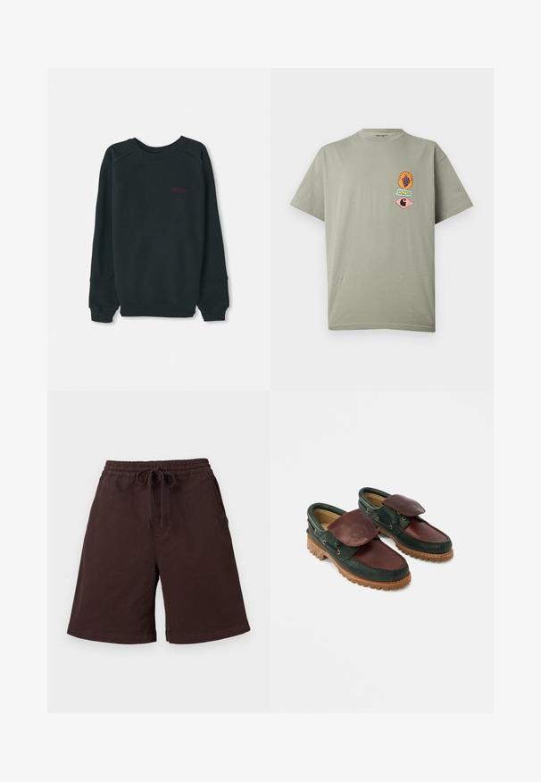Zwarte sweatshirt gemaakt van een katoenmix, met een geribbelde ronde hals, lange mouwen en een klein roze Timberland-logo op de borst.; Lichtgrijs T-shirt met korte mouwen met drie kleine kleurrijke grafische patches op de linkerborst, waaronder druiven en Carhartt-logo's.; Donkerbruine casual shorts met elastische tailleband en vooraan een trekkoord, zijzakken en een zoom die tot aan de knieën reikt, tegen een effen lichte achtergrond.; Leren schoenen met een donkergroene body en een wijnrode bovenkant, een ronde neus, een beveiligde klep en een gestructureerde rubberen zool met groeven.