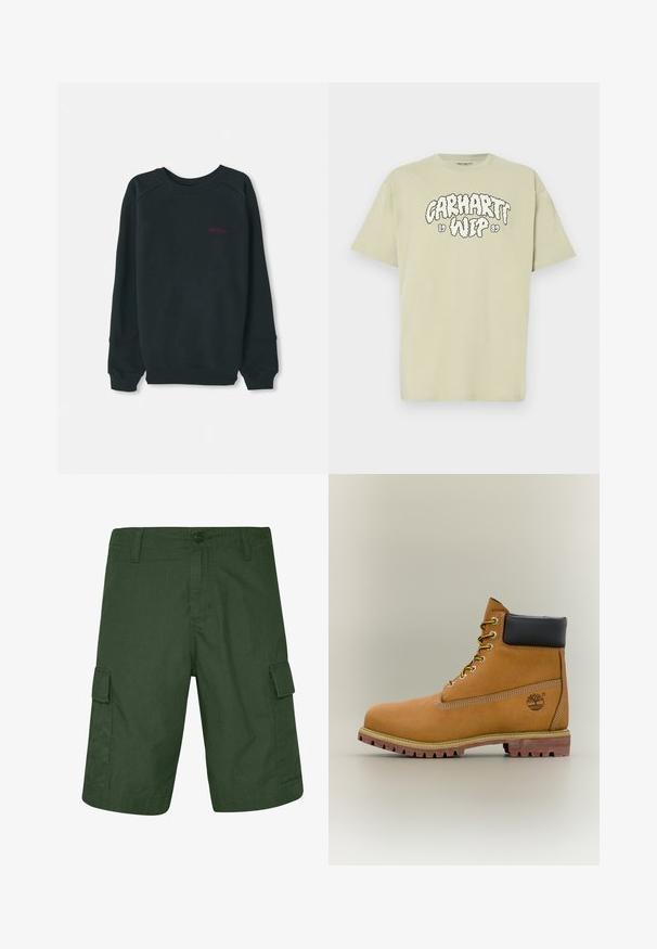 Zwarte sweatshirt gemaakt van een katoenmix, met een geribbelde ronde hals, lange mouwen en een klein roze Timberland-logo op de borst.; Lichtgroen katoenen T-shirt met oversized pasvorm, voorzien van een zwarte, wolkenachtige print met "Carhartt WIP 1989" op de voorkant. Korte mouwen, ronde hals.; Donkergroene cargoshorts van lichtgewicht stof hebben twee zijzakken en een knoopsluiting. Gestructureerd oppervlak met een rechte snit.; Bruine leren enkellaars met zwarte kraag, gele veters en een zandkleurige zool. Voorzien van een logo en witte stikseldetails. Robuuste loopzool met grip.