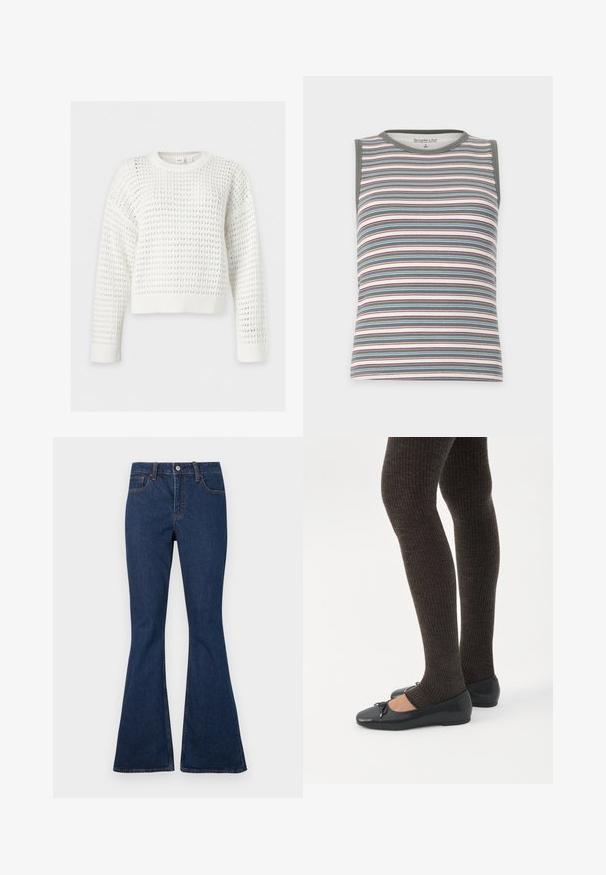 Pull en maille blanc à manches longues, texture gaufrée, col, poignets et ourlet côtelés, présenté sur un fond uni clair.; Débardeur sans manches en maille côtelée avec des rayures horizontales vertes, crème, bleues et bordeaux, avec une bordure vert foncé à l'encolure et aux emmanchures.; Jean en denim bleu foncé avec une taille ajustée et des jambes évasées, doté de poches avant et de surpiqûres contrastées visibles.; Jambes portant des leggings côtelés foncés associés à des ballerines noires avec de petits détails en nœud sur fond blanc.