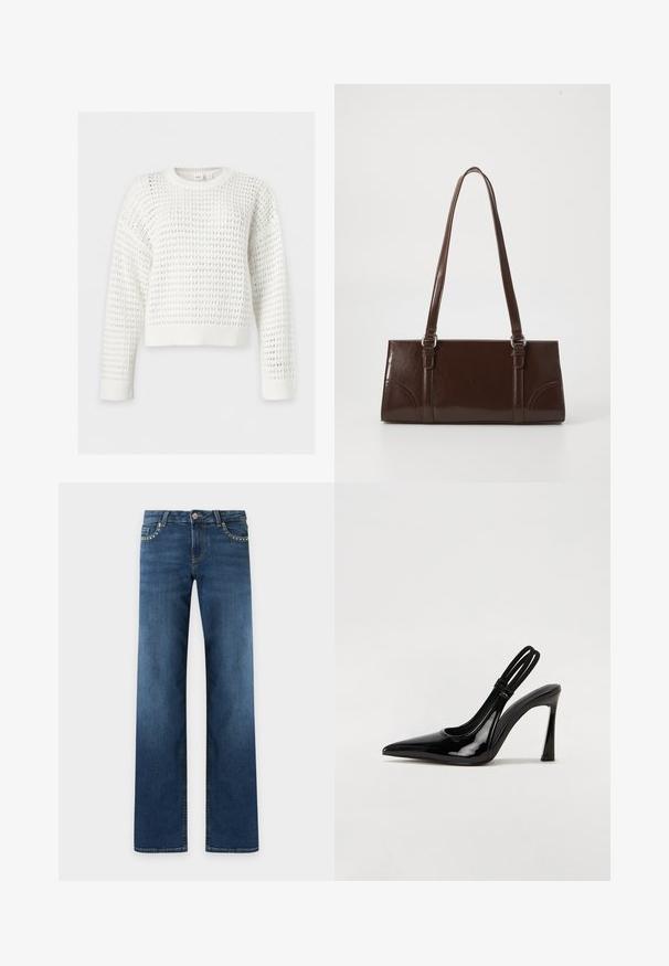 Pull en maille blanc à manches longues, texture gaufrée, col, poignets et ourlet côtelés, présenté sur un fond uni clair.; Jean bleu foncé à coupe droite avec cinq poches, fermeture par bouton métal et petits clous argentés le long des bords des poches avant.; Escarpin en cuir verni noir à talon aiguille, à bout pointu, avec une sangle élastique double pour un maintien sécurisé. Surface lisse et brillante.; Sac à main en cuir verni marron de forme rectangulaire, avec deux longues poignées et des accents courbés subtils à l'avant.